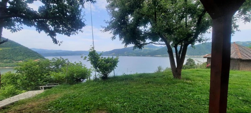 Lawn and fruit trees in the garden, behind them the Danube between green hills